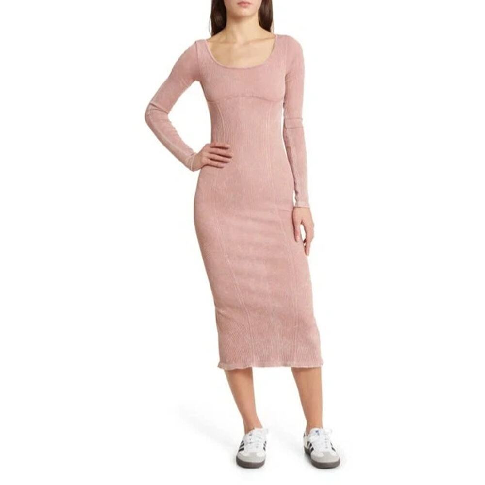 BDG Size Large Callie Bodycon Rib Knit Long Sleeve Midi Dress Pink
